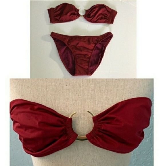 Catriona Anika Swim African Gold Hoop Deep Red Burgundy Bandeau Bikini Set - Picture 1 of 10